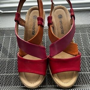 REMONTE Red Wedge Sandals Size 39/8 multi-colored leather straps orange/fuchsia